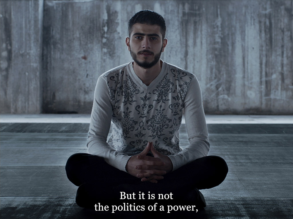 Bouchra Khalili, The Tempest Society (Video still), 2017, video, 60 minutes, A commission of the documenta 14, Film & Edit Bouchra Khalili, Production Bouchra Khalili, Alexandre Kauffmann, Co-production Ibsen Awards, Ibsen Theater-Skien Norway, With the support of the Fondation Nationale des Arts Graphiques and Plastiques-Paris and the Holland Festival-Amsterdam, Special thanks to the Athens Festival, Atopos cvc (Athens)