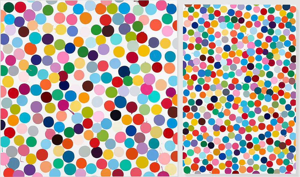 Left: Damien Hirst, Manganese, 2016, household gloss on canvas, 149.9 × 149.9 cm, © Damien Hirst and Science Ltd. All rights reserved, DACS 2018, Gagosian Archive. Right: Damien Hirst, TDeep Leaf, 2016, Household gloss on canvas, 182.9 × 121.9 cm, © Damien Hirst and Science Ltd. All rights reserved, DACS 2018, Gagosian Archive