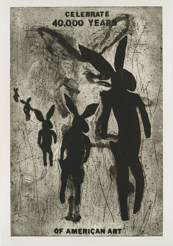 Jaune Quick-to-See Smith, Celebrate 40,000 Years of American Art, 1995, Collagraph, 194.3 x 134.6 cm, Whitney Museum of American Art, New York; purchase with funds from The Horace W. Goldsmith Foundation 2000.191, Courtesy the artist and Garth Greenan Gallery-New York