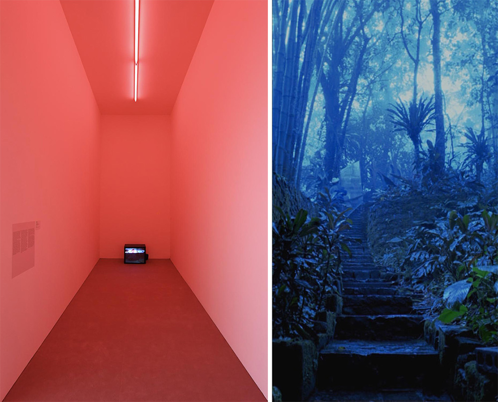 Left: Exhibition view: Melanie Smith, Farce and Artifice, Museu d'Art Contemporani de Barcelona, 2018, Courtesy the artist and Museu d'Art Contemporani de Barcelona. Right: Melanie Smith, Stills by Xilitla: Dismantled 1 2010, Video transferred from 35mm, 12 min, Courtesy Peter Kilchmann Galerie and Galeria Nara Roesler