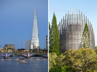 Left: Renzo Piano Building Workshop, The Shard, London Bridge Tower and London Bridge Place, London, 2012, © RPBW. Photo: William Matthews.. Right: Renzo Piano Building Workshop, Jean-Marie Tjibaou Cultural Centre, Nouméa, 1998, © RPBW. Photo: Sergio Grazia / ADCK - centre culturel Tjibaou