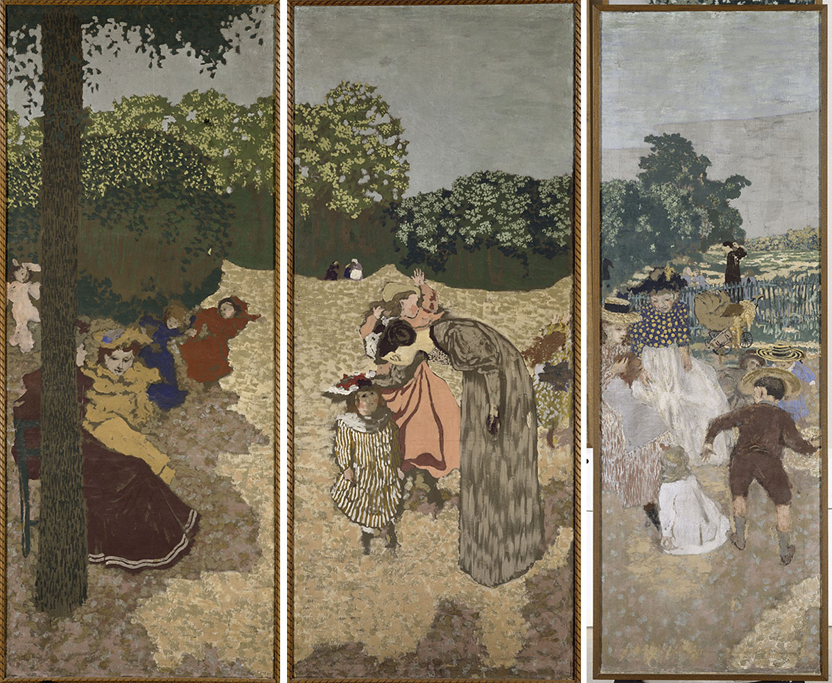 Édouard Vuillard, Public Gardens, The Conversation; The Nannies; The Red Parasol; Young Girls Playing; The Question, 1894, Glue-based distemper on canvas, Paris-Musée d’Orsay, © RMN-Grand Palais (Musee d’Orsay) / Jean Schormans