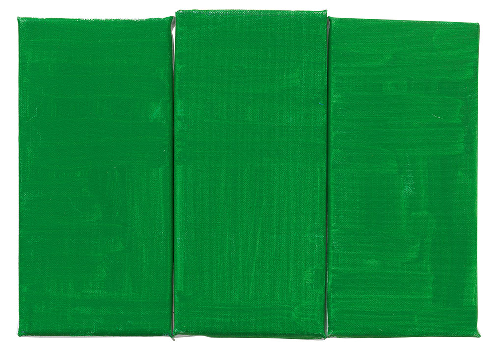 Raoul De Keyser, Green, Green, Green, 2012, Oil on canvas mounted on wood panel, 29.5 x 21.5 cm, © Family Raoul De Keyser | SABAM Belgium 2018, Kunstmuseum St. Gallen, acquired by means of the Ernst-Schürpf-Stiftung, 2013, Photo: Jens Ziehe, Courtesy Zeno X Gallery-Antwerp & David Zwirner-New York/London/Hong Kong & Galerie Barbara Weiss-Berlin