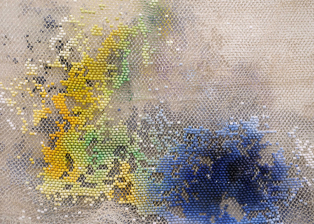 Liza Lou, The Clouds (detail), 2015-2018, site-specific installation of oil paint on woven glass beads and thread on canvas, 600 parts, each: 35 x 35 cm, 558.8 x 1336 x 7.6 cm (overall), © Liza Lou, Courtesy the artist and Lehmann Maupin Gallery