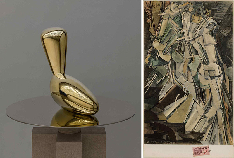 Left: Constantin Brancusi, Léda (Leda), 1926, polished bronze, 54 x 70 x 24 cm. Edition of 5, cast in 2016 by Susse Fondeur, Paris. Photo: Chris Stach, Kasmin Gallery Archive. Right: Marcel Duchamp, Nu descendant un escalier (Nude Descending a Staircase) (no. 2), December 1937, pochoir-colored collotype with French five-centime revenue stamp, , 35 x 20 cm. Photo: Chris Stach, Kasmin Gallery Archive