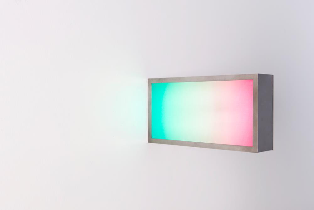 Can Küçük, Decades, 2018, Satin chrome, vinyl print on plexy, led, 25 x 13 x 5 cm, © Can Küçük, Courtesy the artist and Zilberman Gallery