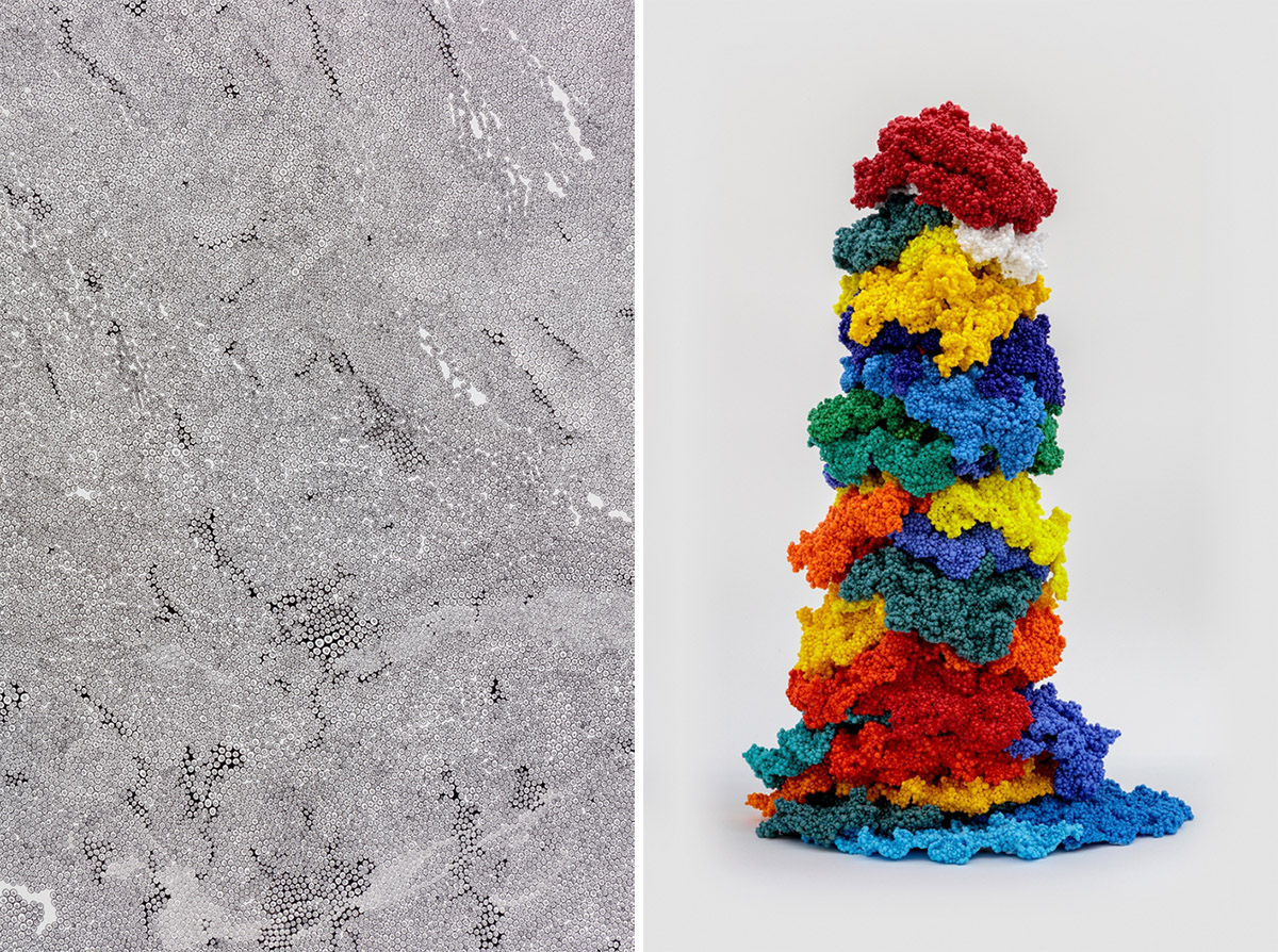 Left: Liza Lou, Drawing Instrument II (detail), 2016-18, Ink and paint on canvas on wood, 177.8 x 177.8 x 3.2 cm, Photo: Joshua White, © Liza Lou, Courtesy the artist and Lehmann Maupin, New York/Hong Kong/Seoul. Right: Liza Lou, Primary, 2018, woven glass beads and thread, 53.3 x 35.6 x 30.5 cm, © Liza Lou, Courtesy the artist and Lehmann Maupin, New York/Hong Kong/Seoul