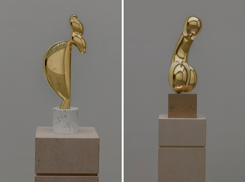 Left: Constantin Brancusi, Jeune Fille sophistiquée (Portrait de Nancy Cunard), 1928. Polished bronze, 54.9 x 14.9 x 21.9 cm, Edition 5, cast by Susse Fondeur, Paris in 2013, © Succession Brancusi (2018) Artist Rights Society (ARS), New York, NY/ADAGP, Paris / Right: Constantin Brancusi – Princess X, 1916. Polished bronze, 22 1/4 x 16 1/2 x 9 1/2 inches; 56.5 x 41.9 x 24.1 cm. Edition of 8, cast by Susse Fondeur, Paris in 2016. © Succession Brancusi (2018) Artist Rights Society (ARS)-New York, NY/ADAGP-Paris