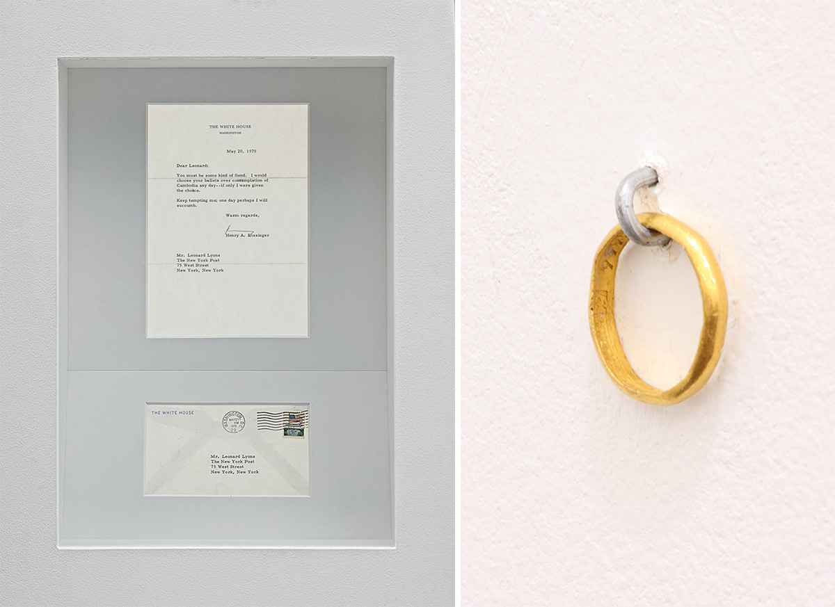 Left: Danh Vo, Untitled, 2008, 14 letters and envelopes. Heinz Peter Hager & Andrea Thuile, Bolzano, Italy. Photo: Nick Ash, Courtesy the artist. Right: Danh Vo, Untitled, 2009, Gold ring, 2 cm diameter, height 3 cm including hanging nail, Stefania Morellato and Emilio Giorgi Collection