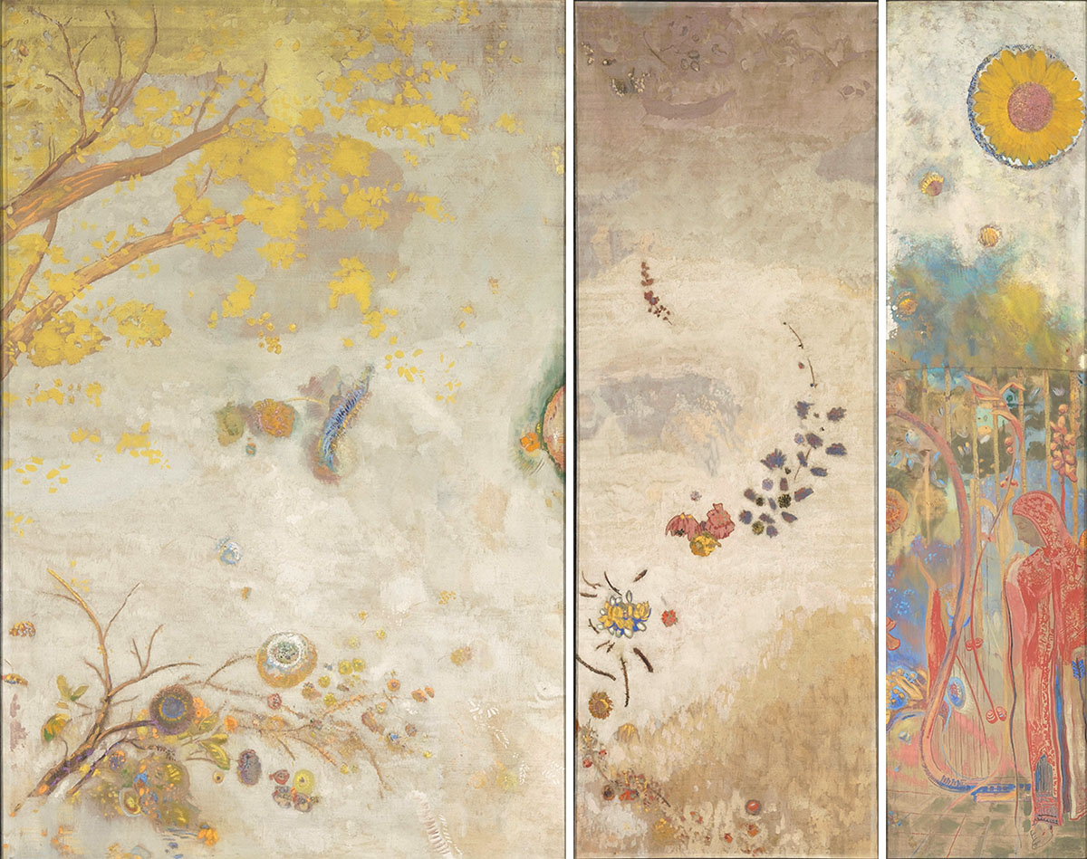 Odilon Redon, Decoration for the dining room of Baron Robert de Domecy, 1901, Left: Branch of Yellow Flowers, Center: Large Panel with Plant Motifs, pale-background, Right: Figure (Yellow Flower), Oil, distemper, and pastel on canvas, Paris, Musée d’Orsay, © RMN-Grand Palais (Musée d’Orsay) / Hervé Lewandowski