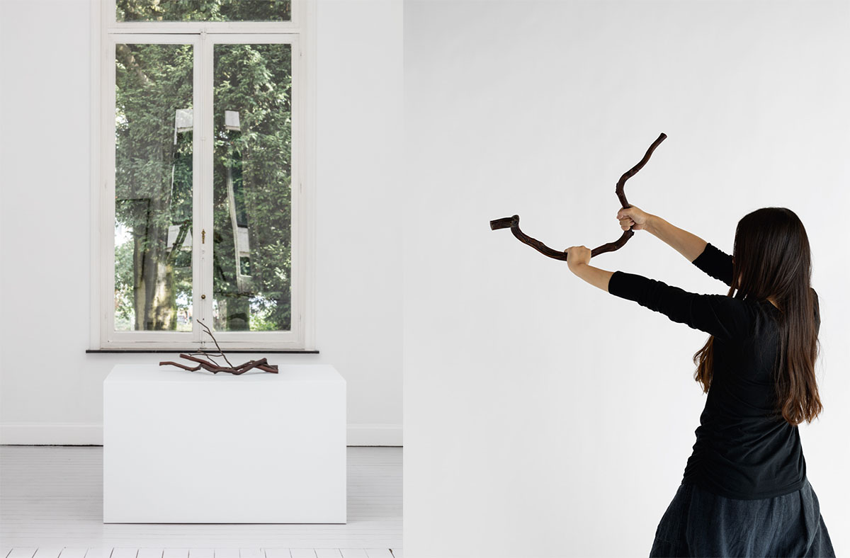 Left: Installation view, Sharon Lockhart Movements and Variations in Two Parts at Gladstone Gallery-Brussels, 2018, Photo: David Regen, Courtesy the artist and Gladstone Gallery-New York and Brussels. Right: Sharon Lockhart, Nine Sticks in Nine Movements: Movement Seven, 2018, Chromogenic print, 128.8 x 103.8 cm framed, Courtesy the artist and Gladstone Gallery-New York and Brussels, Jan Mot-Brussels and neugerriemschneider