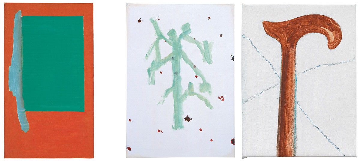 Left: Raoul De Keyser, Angoulême, 1994, Oil on canvas, 55 x 31,5 cm, © Family Raoul De Keyser | SABAM Belgium 2018, S.M.A.K., long-term loan from the Collection of the Flemish Community, Photo: Dirk Pauwels, Courtesy Zeno X Gallery-Antwerp & David Zwirner-New York/London/Hong Kong. Center: Raoul De Keyser, Séjour, 2001, Oil on canvas, 71 x 50 cm, © Family Raoul De Keyser | SABAM Belgium 2018, Collection of Jin Sato, Photo: Felix Tirry, Courtesy Zeno X Gallery-Antwerp & David Zwirner-New York/London/Hong Kong & Wako Works of Art-Tokyo. Right: Raoul De Keyser, To Walk, 2012, Oil, gesso, wasco on canvas & wood, 28,2 x 21,2 cm, © Family Raoul De Keyser | SABAM Belgium 2018, Private Collection, Photo: Jens Ziehe, Courtesy Zeno X Gallery-Antwerp, David Zwirner-New York/London/Hong Kong & Galerie Barbara Weiss-Berlin