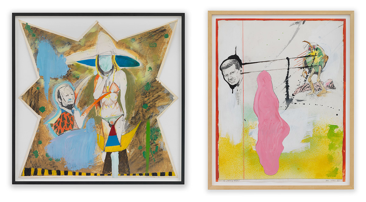 Left: Mike Kelley, Jerry Ford, 1976/93, Mixed media on paper, 60.5 x 60.5 cm, © Mike Kelley Foundation for the Arts. All Rights Reserved/VAGA at ARS-NY, Courtesy the Foundation and Hauser & Wirth. Right: Mike Kelley, Untitled (Pink Shape), 1975/1993, Mixed media on paper 61 x 48.3 cm, © Mike Kelley Foundation for the Arts. All Rights Reserved/VAGA at ARS-NY, Courtesy the Foundation and Hauser & Wirth