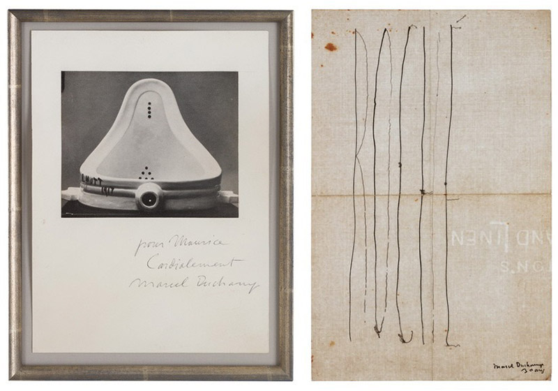 Left: Marcel Duchamp, Untitled, 1968. Collage and pencil on paper, 16.8 x 20.3 cm. © Association Marcel Duchamp / ADAGP, Paris / Artists Rights Society (ARS)-New York 2018. Courtesy of Francis M. Naumann Fine Art-New York / Right: Marcel Duchamp, Place Card for Henri-Pierre Roché, 28 July 1917, Pen and ink on paper (recto and verso), 22.5 x 14.6 cm. © Association Marcel Duchamp / ADAGP, Paris / Artists Rights Society (ARS), New York 2018. Courtesy of Francis M. Naumann Fine Art-New York