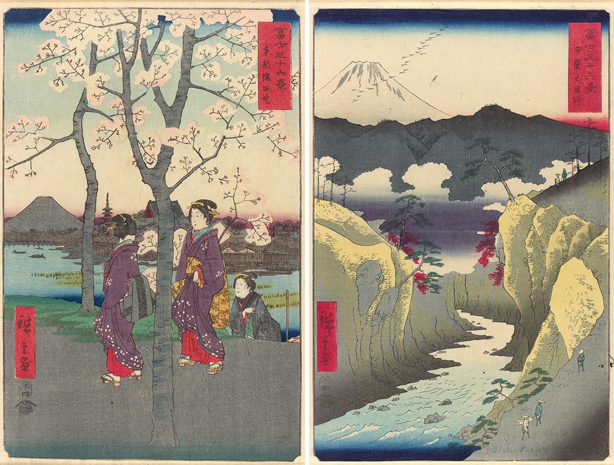 Left: Utagawa Hiroshige, The Bank of the Sumida River in Edo, 1858, Print , © Department of Culture and Tourism – Abu Dhabi / APF. Right: Utagawa Hiroshige, Inume Pass in Kai Province, 1858, Print , Abu Dhabi, Louvre Abu Dhabi, © Department of Culture and Tourism – Abu Dhabi / APF