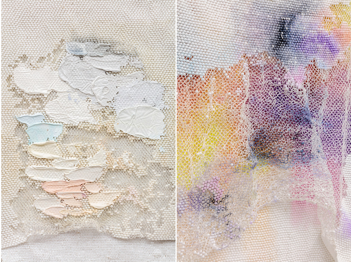 Left: Liza Lou, Stratus Fractus (detail), 2018, Oil paint on woven glass beads on canvas, 151.1 x 141 x 6.4 cm, Photo: Joshua White, © Liza Lou, Courtesy the artist and Lehmann Maupin, New York/Hong Kong/Seoul. Right: Liza Lou, Pyrocumulus (detail), 2018, Oil paint on woven glass beads on canvas, 141.6 x 142.9 x 7.6 cm, © Liza Lou, Courtesy the artist and Lehmann Maupin, New York/Hong Kong/Seoul
