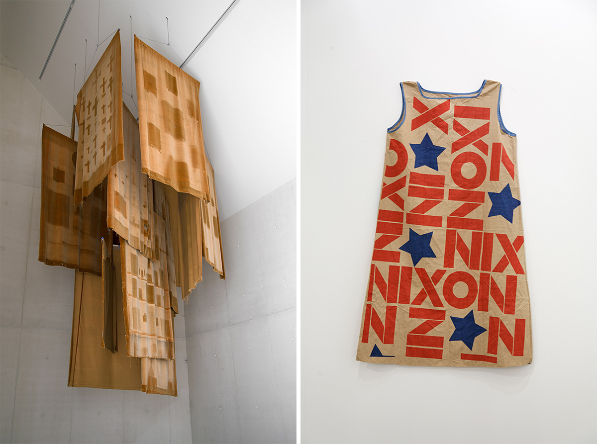 Left: Danh Vo, Christmas (Rome) 2012, 2013, Velvet, 14 pieces, each 230 x 164 cm, Pinault Collection. Right: Danh Vo, Dress, 2008, Paper dress, 85 x 40 x 4 cm, EFG Art Collection-Switzerland