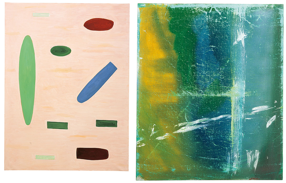 Left: Raoul De Keyser, Siesta, 2000, Oil on canvas, 188 x 140 cm, © Family Raoul De Keyser | SABAM Belgium 2018, Collection of Hauser & Wirth-Switzerland, Photo: Kristien Daem, Courtesy Zeno X Gallery-Antwerp & David Zwirner-New York/London/Hong Kong. Right: Raoul De Keyser, Zinkend (Luc), 1982-83, Oil on canvas, 65 x 54 cm, © Family Raoul De Keyser | SABAM Belgium 2018, Private Collection, Photo: Hilde D’haeyere Courtesy Zeno X Gallery-Antwerp & David Zwirner-New York/London/Hong Kong