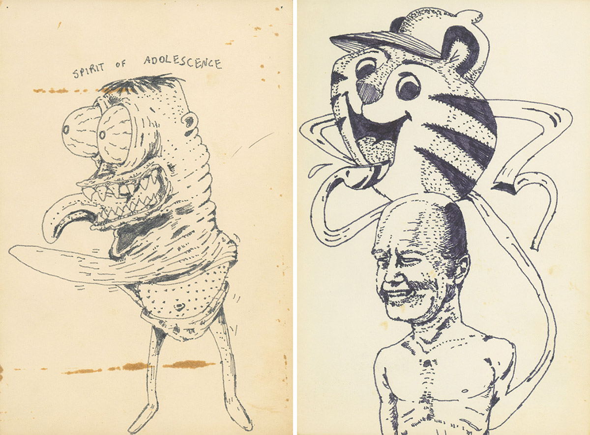 Left & Right: Mike Kelley, Untitled (Allegorical Drawing), 1976, Marker on file card, 15.2 x 10.2 cm, © Mike Kelley Foundation for the Arts. All Rights Reserved/VAGA at ARS-NY, Courtesy the Foundation and Hauser & Wirth