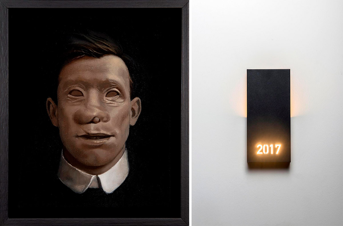 Left: Şant Mengücek, Untitled, Oil on canvas, 25 x 30 x 6 cm, © Şant Mengücek, Courtesy the artist and Zilberman Gallery. Right: Can Küçük, Decades, 2018, Carbon Steel, electrostatic powder coating (black), plexy, led, 4 pieces, 12 x 3,5 x 26 cm (each), © Can Küçük, Courtesy the artist and Zilberman Gallery