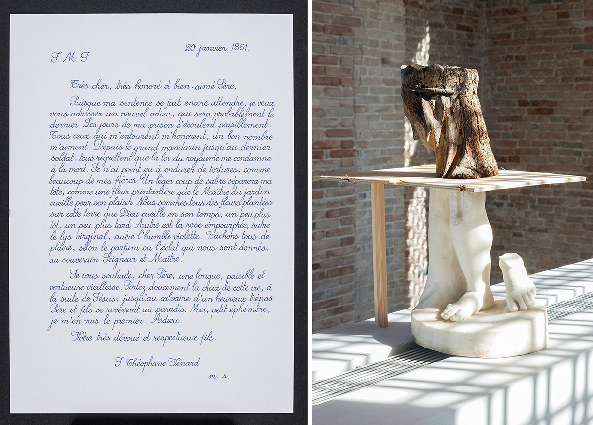 Left: Danh Vo, 2.2.1861, 2009, Ink on paper, writing by Phung Voopen edition, 29.6 x 21 cm, Collection of Daniel Buchholz and Christopher Müller-Cologne. Right: Danh Vo, Your mother sucks cocks in Hell, 2015, Marble figure of a child, Roman, 1st-2nd century AD, Madonna and Child, oak, Early French Gothic, and plywood, Pinault Collection