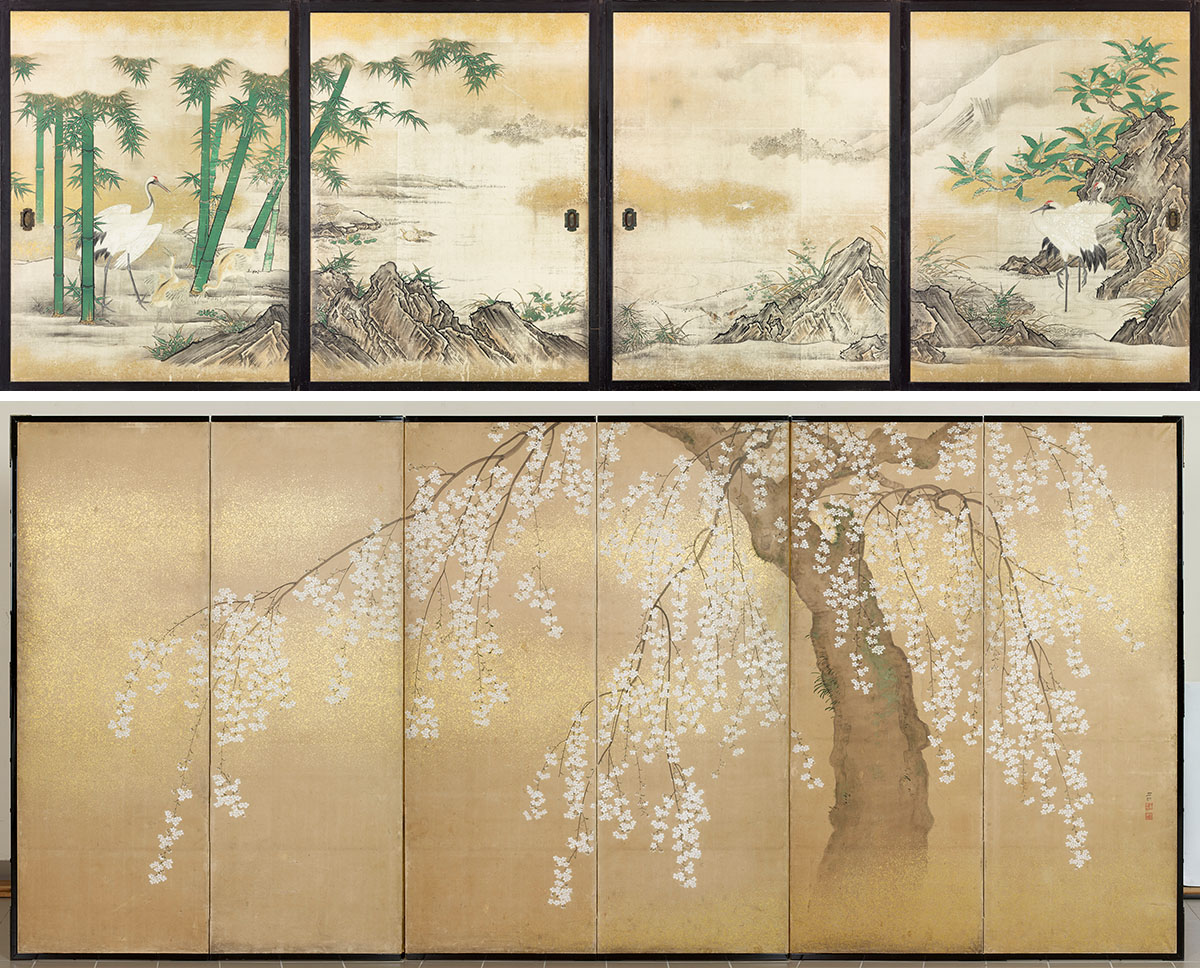 Up: Set of Four Fusuma, Japan, 18th century, Ink, colours, and gold on paper, Abu Dhabi, Louvre Abu Dhabi, © Department of Culture and Tourism – Abu Dhabi / APF. Down: Hara Zaimei, Cherry Tree in Blossom Against a Gold Background, first half of the 19th century, Six-panel screen, Paris, Musée National des Arts Asiatiques – Guimet, © RMN-Grand Palais (MNAAG, Paris) / Thierry Ollivier