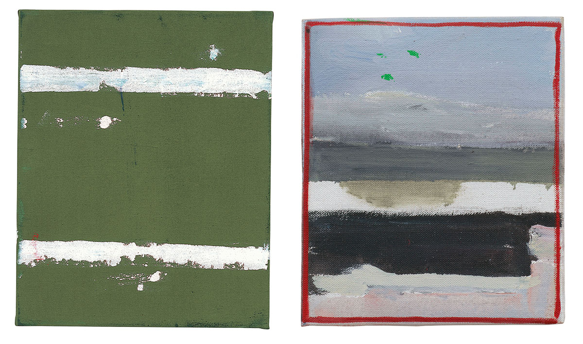 Left: Raoul De Keyser, Hellepoort 7, 1985, Oil on canvas, 50 x 40cm, S.M.A.K., Ghent, © Family Raoul De Keyser | SABAM Belgium 2018, Photo: Kristien Daem, Courtesy Zeno X Gallery-Antwerp & David Zwirner-New York/London/Hong Kong. Right: Raoul De Keyser, Oever, 2005, Oil on canvas on wood, 18 x 15.5 cm, © Family Raoul De Keyser | SABAM Belgium 2018, Collection of Barbara Weiss-Berlin, Photo: Jens Ziehe, Courtesy Zeno X Gallery-Antwerp, David Zwirner-New York/London/Hong Kong & Galerie Barbara Weiss-Berlin