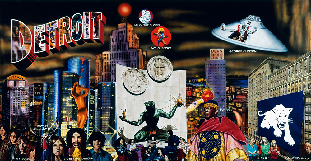 The Destroy All Monsters Collective (Mike Kelley, Jim Shaw, Cary Loren), Greetings from Detroit, 2000, Acrylic on canvas, 304.8 x 325.1 cm, 1 of 4 murals that comprise the installation, Strange Früt: Rock Apocrypha, 2000, Photo: Fredrik Nilsen, © Mike Kelley Foundation for the Arts. All Rights Reserved/VAGA at ARS-NY, Courtesy the Foundation and Hauser & Wirth