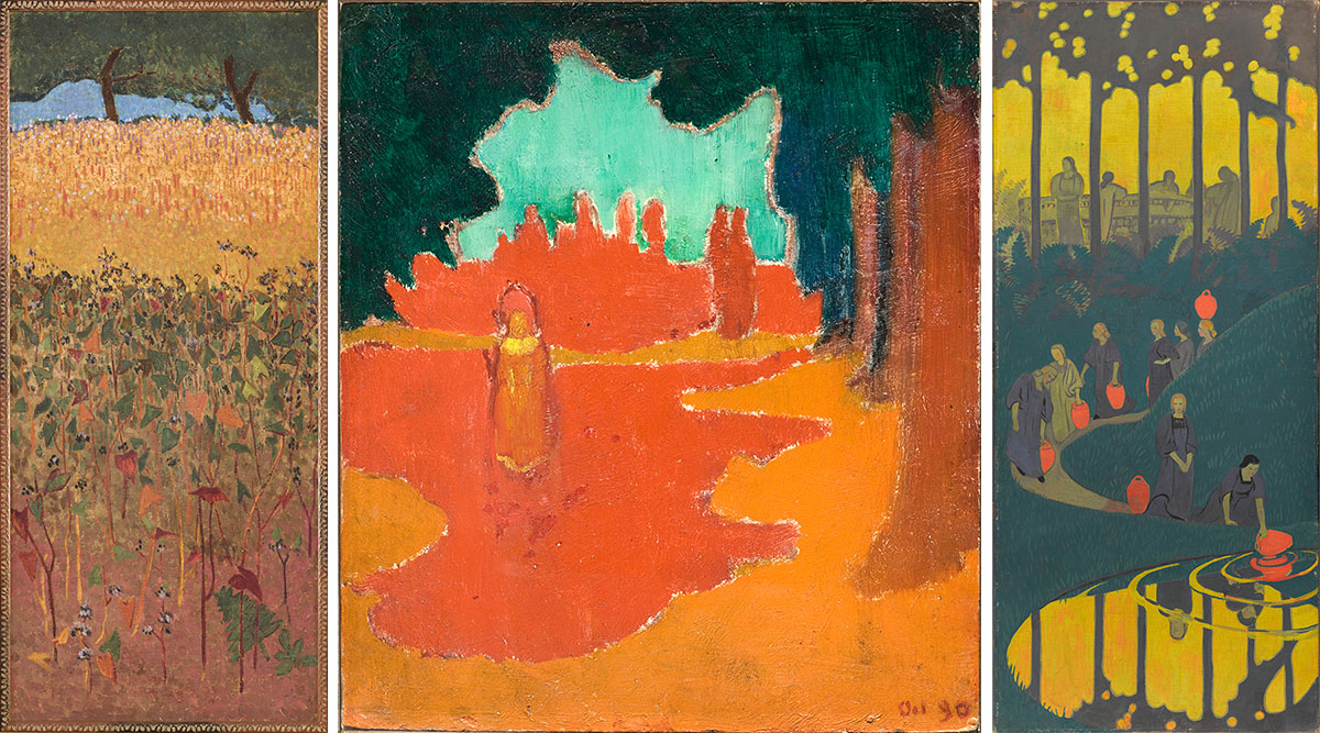 Left: Paul Sérusier, Field of Golden Corn and Buckwheat, c. 1900, Oil on canvas, Paris, Musée d’Orsay, © Musée d’Orsay, Dist. RMN-Grand Palais / Patrice Schmidt. Center: Maurice Denis, Sunlight on the Terrace, 1890, Oil on card, Musée d’Orsay, Paris, © Musée d’Orsay, Dist. RMN-Grand Palais / Patrice Schmidt. Right: Paul Sérusier, Women at the Spring, c.1899, Distemper on canvas, Musée d’Orsay, Paris, © Musée d’Orsay, Dist. RMN-Grand Palais / Patrice Schmidt