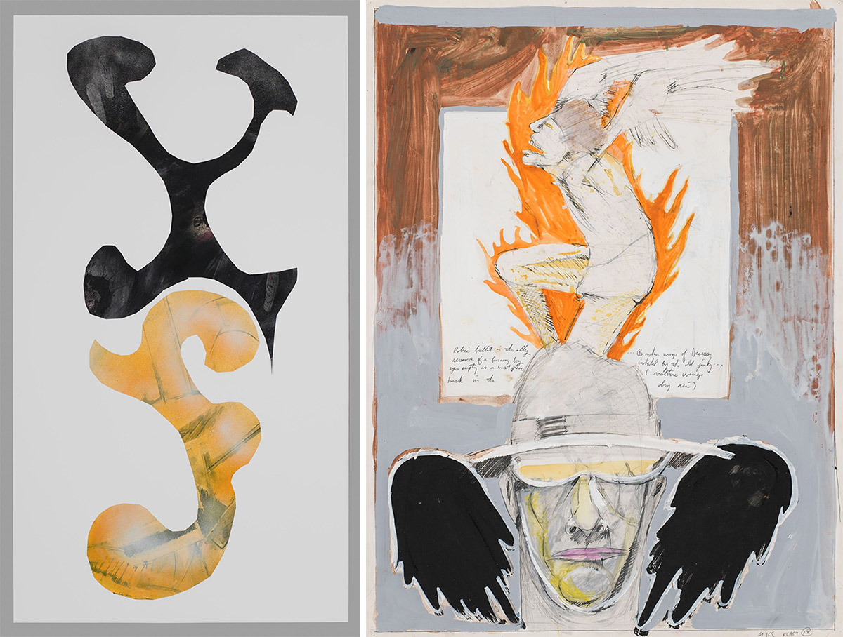 Left: Mike Kelley, Untitled (Collages 1974-2011), 1974-2011, Mixed media and collage on paper, 101.6 x 55.9 cm, Photo: Jeff McLane, © Mike Kelley Foundation for the Arts. All Rights Reserved/VAGA at ARS-NY, Courtesy the Foundation and Hauser & Wirth. Right: Mike Kelley Untitled (Student Drawing), 1974, Mixed media on paper, 61 x 45.7 cm, Photo: Fredrik Nilsen, © Mike Kelley Foundation for the Arts. All Rights Reserved/VAGA at ARS-NY, Courtesy the Foundation and Hauser & Wirth