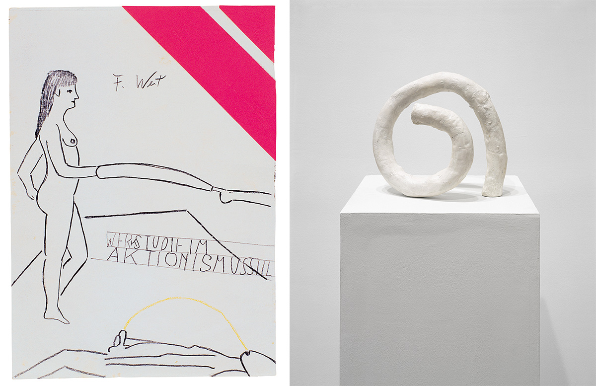 Left: Franz West, Ohne Titel (Zeichnung im Aktionismusgeschmack), ca. 1974, Pen, self-adhesive papers on paper, 21 x 15 cm, Franz West Privatstiftung-Vienna, Photo © DR/All rights reserved. Right: Franz West, The First Paßstücke, 1978-1994, Plaster, steel, paint, Hauser & Wirth Collection-Switzerland, Photo © StefanAltenburger Photography Zurich