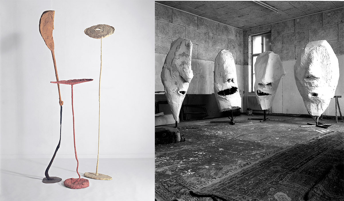 Left: Franz West, Römische Allüre,1985, Metal, plaster, gauze, papier-mâché, three pieches, 122 x 49,5 x31 cm/ 186 x 50 x25 cm/ 200 x 50 x 25 cm, Friedrich Christian Flick Collection im Hamburger Bahnof-Berlin, Photo © Stefan Altenburger Photography Zurich. Right: Lemurenkopfe in Franz West's studio in Vienna, 1992, Plaster, gauze, cardboard, iron, acrylic, foam on rubber, four pieces, 243,8 x 127 x 121,9 cm/ 243,8 x 137,2 x 76,2 cm/ 218,4 x4124,5 x 53,3 cm/ 221 x 109,2 x 73,7 cm, Pinault Collection, Photo © Harald Schonfellinger