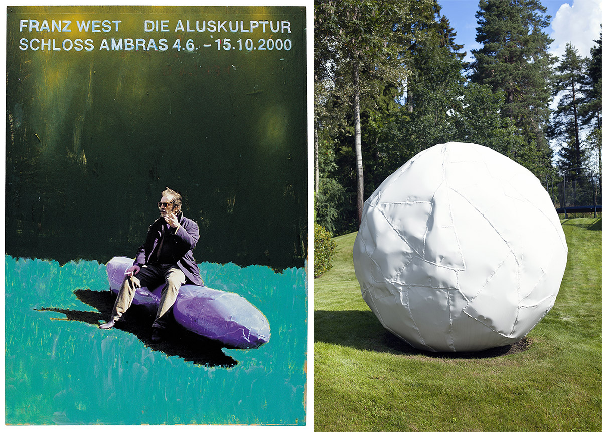 Left: Franz West, Plakatentwurf (Die Aluskulptur), 2000, Collage and gouache on paper, 86 x 61,5 cm, Franz West Privatstiftung-Vienna. Right: Franz West, Kugel, 2006, Varnished aluminium, Selvaag Art Collection, Courtesy Peter Lund, Photo © Jon Benjamin Talleras
