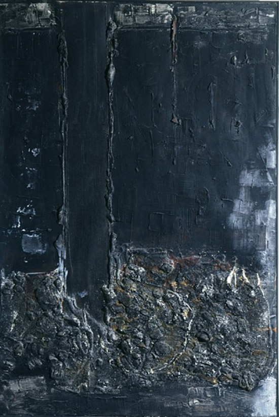 Costas Tsoclis, Composition, 1959, Cement, coal, acrylic on burlap , 195 x 130 cm Purchased in 2002 on subsidy by the Ministry of Economy and Finance, Inv. No. 184/02