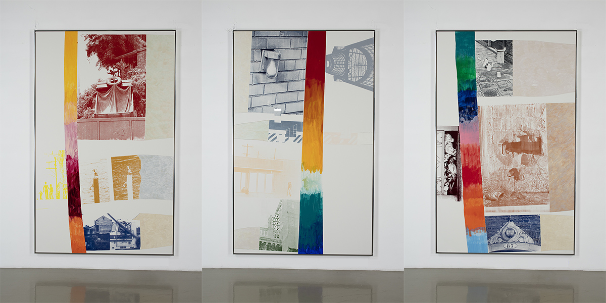 Left to Right: Robert Rauschenberg, Easel (Vydock), 1995 / Escort (Vydock), 1995 / Holdings (Vydock), 1995, Acrylic and graphite on bonded aluminum, 246.4 cm × 154.3 cm (All), © Robert Rauschenberg Foundation/VAGA at Artists Rights Society (ARS)-New York