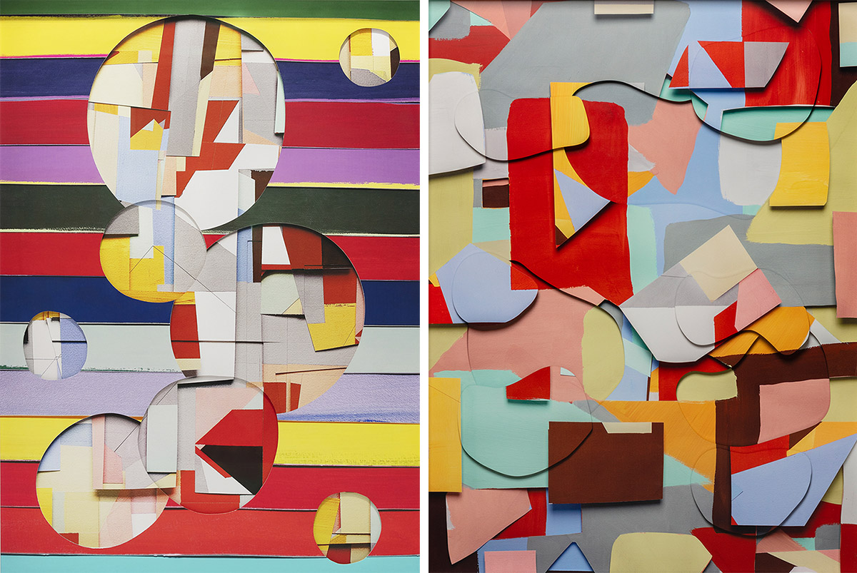 Left: Vik Muniz, Peeping Tom,2018, Handmade series, Mixed media, 78 x 59 cm (framed), Unique, Courtesy of the artist and Galerie Xippas. Right: Vik Muniz, Pools, 2018, Handmade series, Dye sublimation print on aluminum, 77 x 58 cm (framed), Unique, Courtesy of the artist and Galerie Xippas