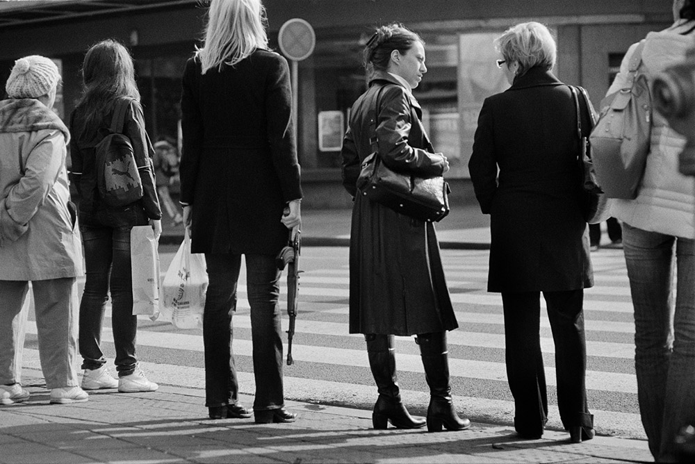 Milica Tomić, One day, instead of one night, a burst of machine-gun fire will flash, if light cannot come otherwise, 2009, Photo documentation of an intervention in a public space (Belgrade, Sept-Nov 2009) Black-and-white photography, 43 x 67 cm, Courtesy Galerie Charim-Vienna