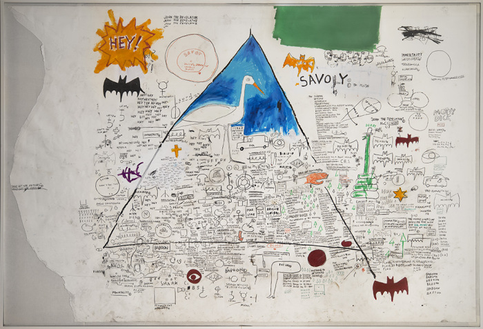 Jean-Michel Basquiat, Untitled, 1986, Acrylic, collage, and oilstick on paper mounted on canvas, 239 × 346.5 cm, Collection of Larry Warsh, © Estate of Jean-Michel Basquiat, Licensed by Artestar-New York, Picture: Courtesy of Brooklyn Museum’s photographer © Gavin Ashworth