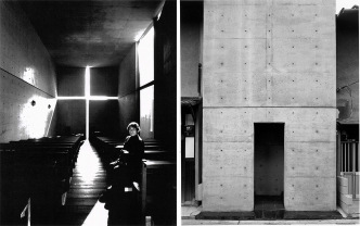 Left: Tadao Ando, © Photo : Nobuyoshi Araki. Right: Maison Azuma à Sumiyoshi, 1976, Row House, Sumiyoshi-Azuma House, 1976, © Photo: Shinkenchiku-sha
