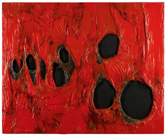 Alberto Burri, Rosso Plastica, 1963, Plastic, acrylic, vinavil and combustion on canvas, 80 x 100 cm, © Tornabuoni Art