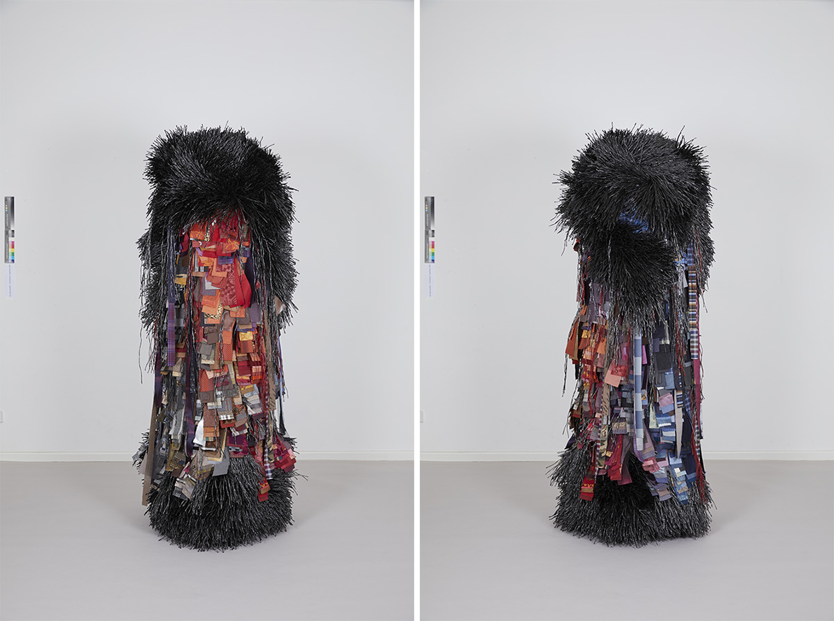 Left & Right: Haegue Yang, The Intermediate – Occitanian Vagabond, 2018, Powder-coated steel stand, powder-coated metal grid, casters, plastic twine, jute twine, fabric samples, pom-poms, metal grommets, metal rings, 191 x 75 x 70 cm, Courtesy of the artist, Photo: Studio Haegue Yang