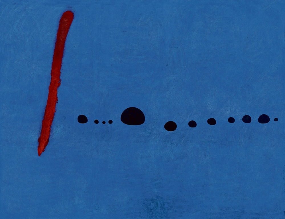 Joan Miró, Bleu II, March 4, 1961, Oil on canvas, 270 x 355 cm, Centre Pompidou-Paris, Musée national d’art modern, Donation of Menil Foundation in memory of Jean, de Menil, 1984, © Successió Miró / Adagp, Paris 2018, Photo: Centre Pompidou, MNAM-CCI, dist. Rmn-Grand Palais / Philippe Migeat
