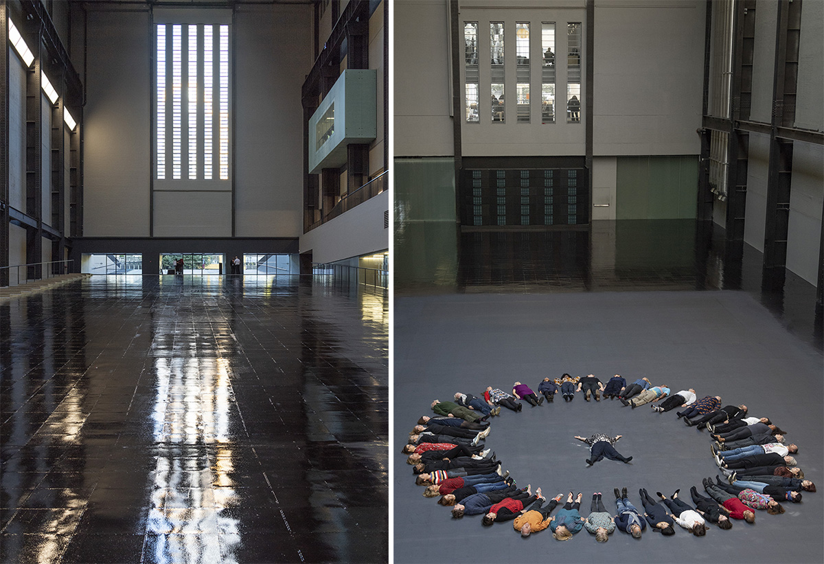 Left & Right: Tania Bruguera, Hyundai Comission, Turbine Hall, Tate Modern, 2018, Photo: Andrew Dunkley, © & Courtesy Tate, 2018