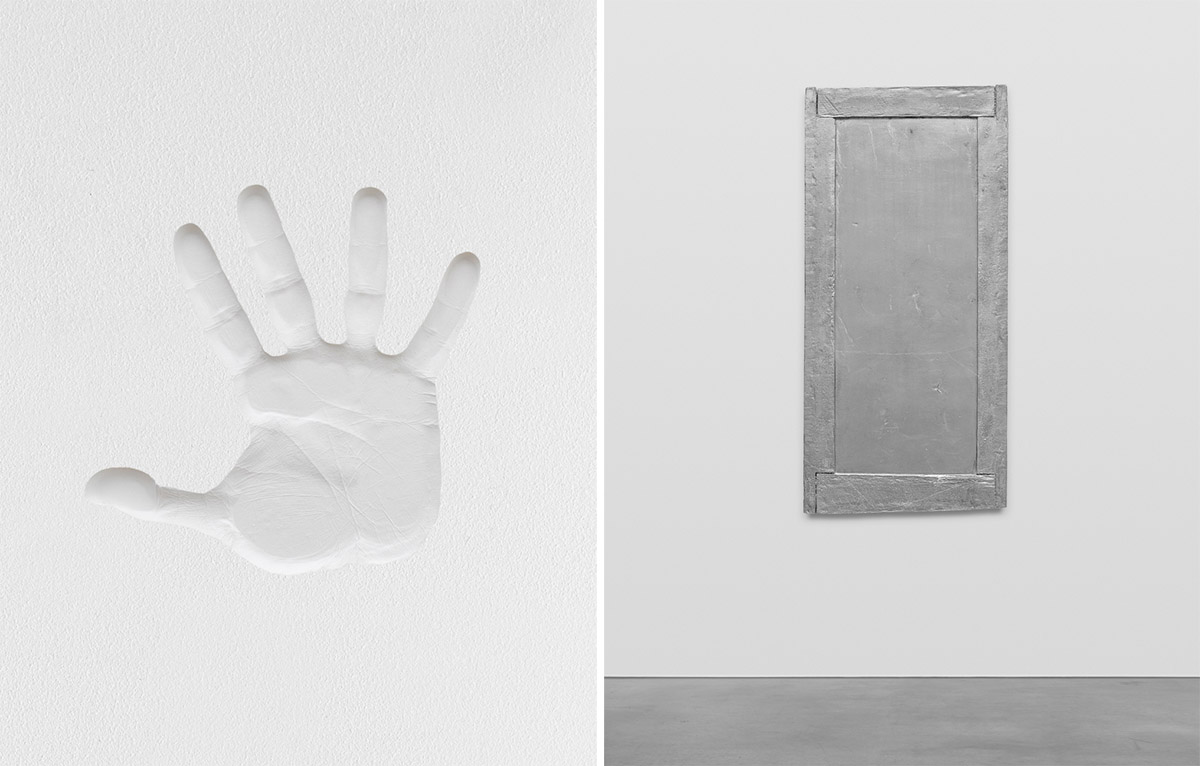 Left: Ugo Rondinone, twelve sunsets, twenty nine dawns, all in one, 2008, Acryl plaster, 29.5 x 32 x 1.2 cm, © Ugo Rondinone, Courtesy the artist and Gladstone Gallery. Right: Ugo Rondinone, seashore with a fisherman 1807, 2016, Cast aluminum, 109.2 x 51.4 x 2.2 cm, © Ugo Rondinone, Courtesy the artist and Gladstone Gallery