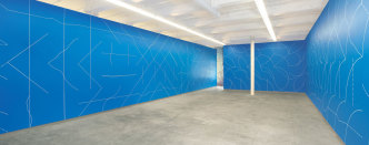 Sol LeWitt, Wall Drawing 260A, On blue walls, all two-part combinations of white arcs from corners and sides, and white straight, not straight, and broken lines within a 36-inch (90 cm) grid, June 2000, White crayon, black pencil on blue wall, LeWitt Collection, Chester, Connecticut, First Installation By Museum of Contemporary Art-Chicago, First Drawn By: Mio St. Clair, Ginger Wolfe, James Kendrick, Courtesy LeWitt Collection and MASS MoCA