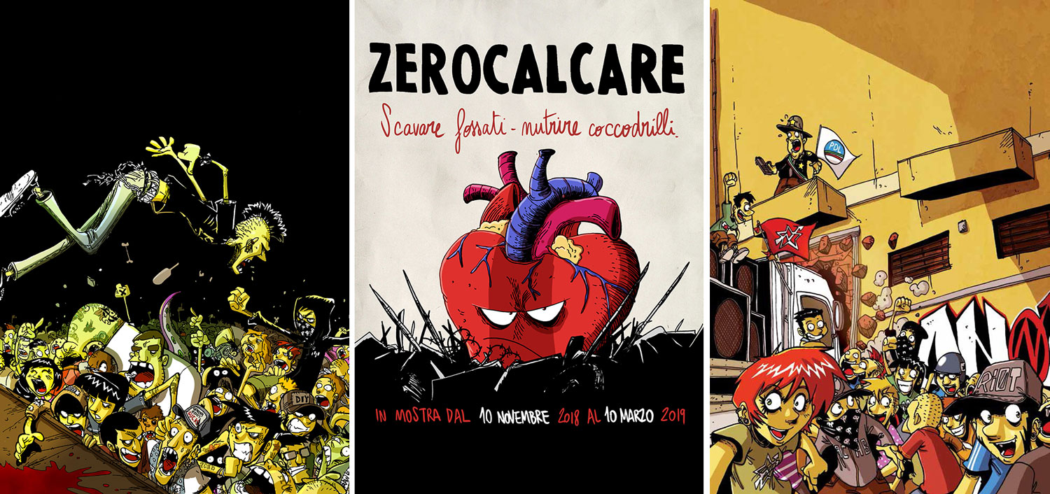 Left: Zerocalcare, Illustration for concert poster at Coll'Hardcore, Messina, 2012, Courtesy Zerocalcare. Center: Zerocalcare, Scavare fossati - nutrire coccodrilli, 2018, Courtesy Zerocalcare. Right: Zerocalcare, Anomalia, 2011, Courtesy Zerocalcare