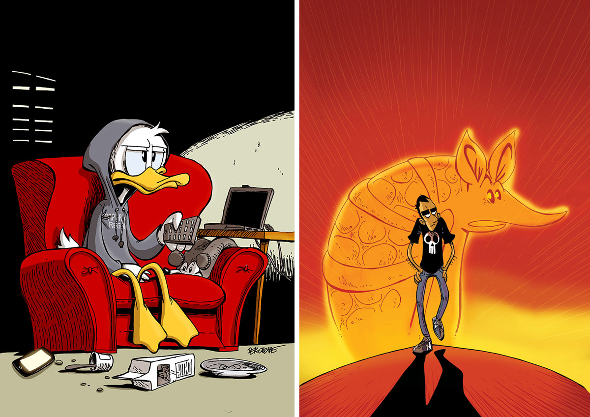 Left: Zerocalcare, Peperino, 2014, Courtesy Zerocalcare. Right: Zerocalcare, Cover of “La profezia dell'armadillo Artist Edition”, 2017, Courtesy Zerocalcare & libro ed. Bao Publishing-Milano