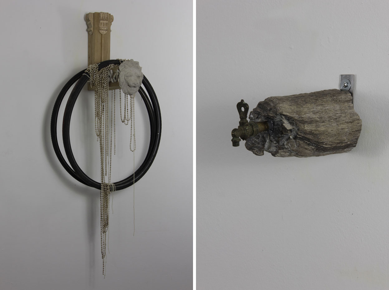 Left: Ricardo Brey, Leo, 2018, Mixed media, 195.58h x 66.04w x 52.71d cm, © Ricardo Brey, Courtesy the artist and Alexander Gray Associates Gallery-New York. Right: Ricardo Brey, A patient man keeps cooking a stone and drinks from its broth, 2018, Petrified wood and faucet, 10.16h x 8.26w x 24.45d cm, © Ricardo Brey, Courtesy the artist and Alexander Gray Associates Gallery-New York