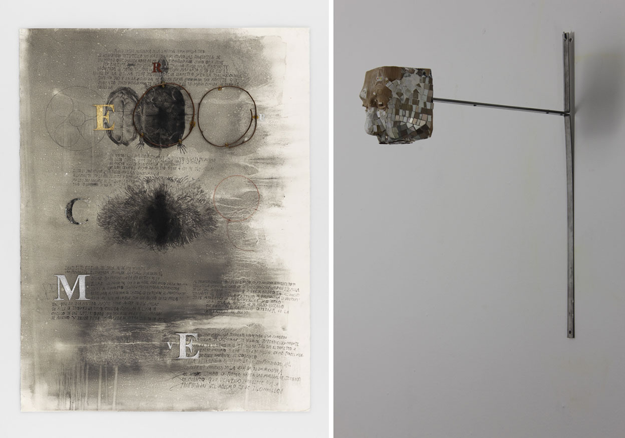 Left: Ricardo Brey, Breathing ground, 2017, Mixed media on paper, 160h x 120w cm, © Ricardo Brey, Courtesy the artist and Alexander Gray Associates Gallery-New York. Right: Ricardo Brey, Meditatie, 2018, Mixed media, 55.56h x 11.43w x 42.86d cm, © Ricardo Brey, Courtesy the artist and Alexander Gray Associates Gallery-New York
