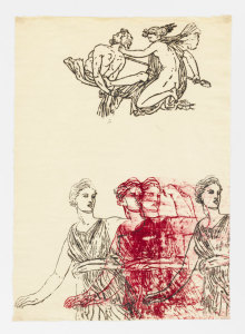 Nancy Spero. Artemis, Goddess and Centaur. 1983. Handprinting on paper. 71.1 x 50.8 cm. © 2019 The Nancy Spero and Leon Golub Foundation for the Arts/Licensed by VAGA at ARS, NY, Courtesy Galerie Lelong & Co. Photo: Christopher Burke Studio